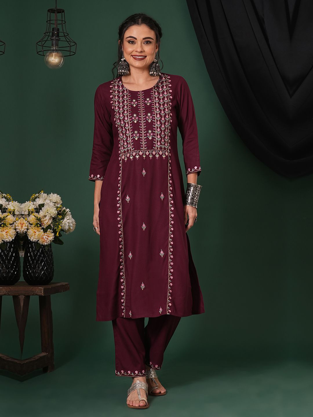 Globus Embroidered Yoke Calf Length Straight Kurta & Pants Ethnic Set
