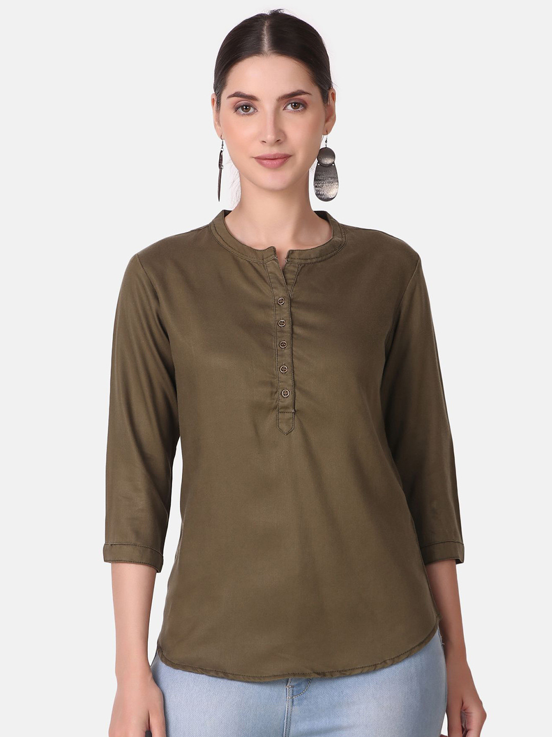 Pose india Women Mandarin Collar Pure Cotton Longline Top