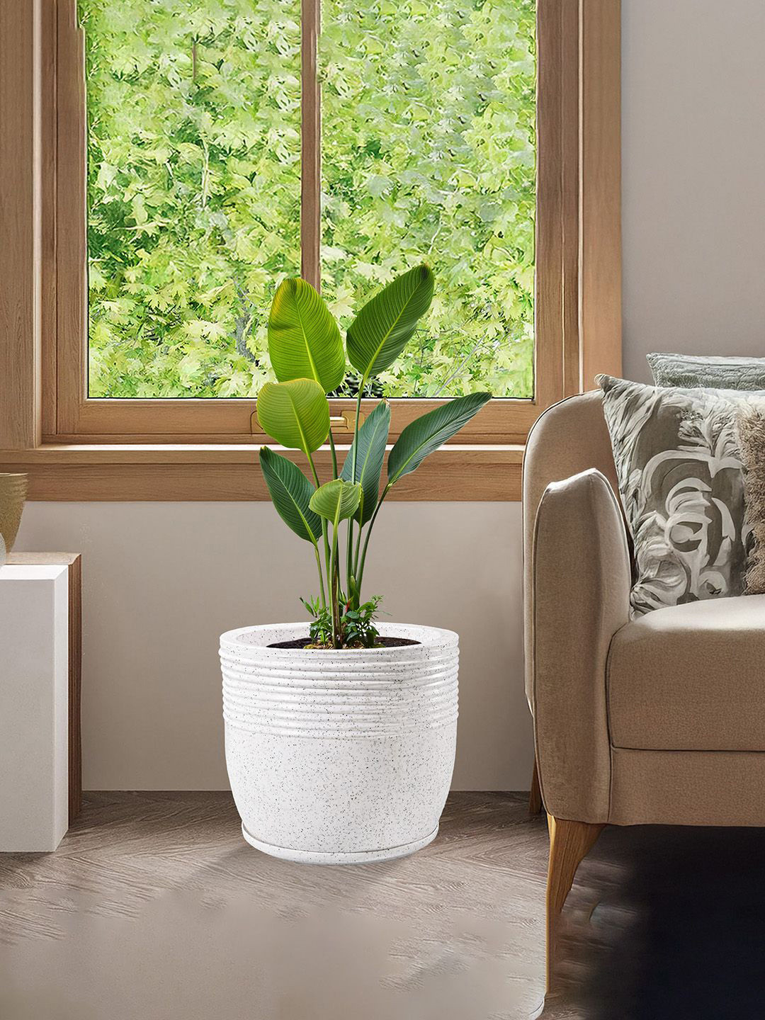 Kuber Industries Marble Sunshine White Textured Roto Mould Flower Planters With Tray