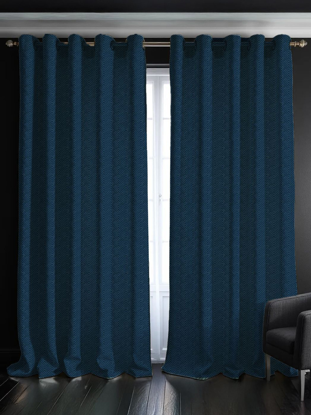 URBAN SPACE Set of 2 Navy Blue 100% Black Out Long Door Curtain