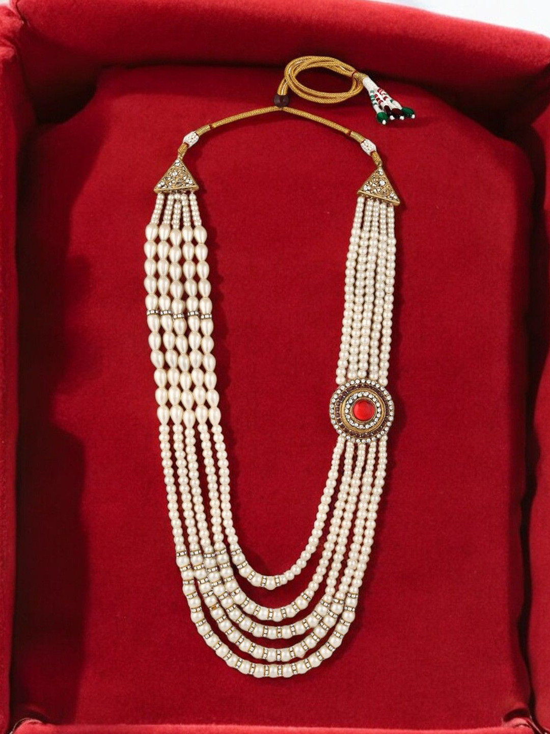 Stefan Men Gold-Plated Beaded Dulha Moti Mala Shervani Haar Layered Necklace