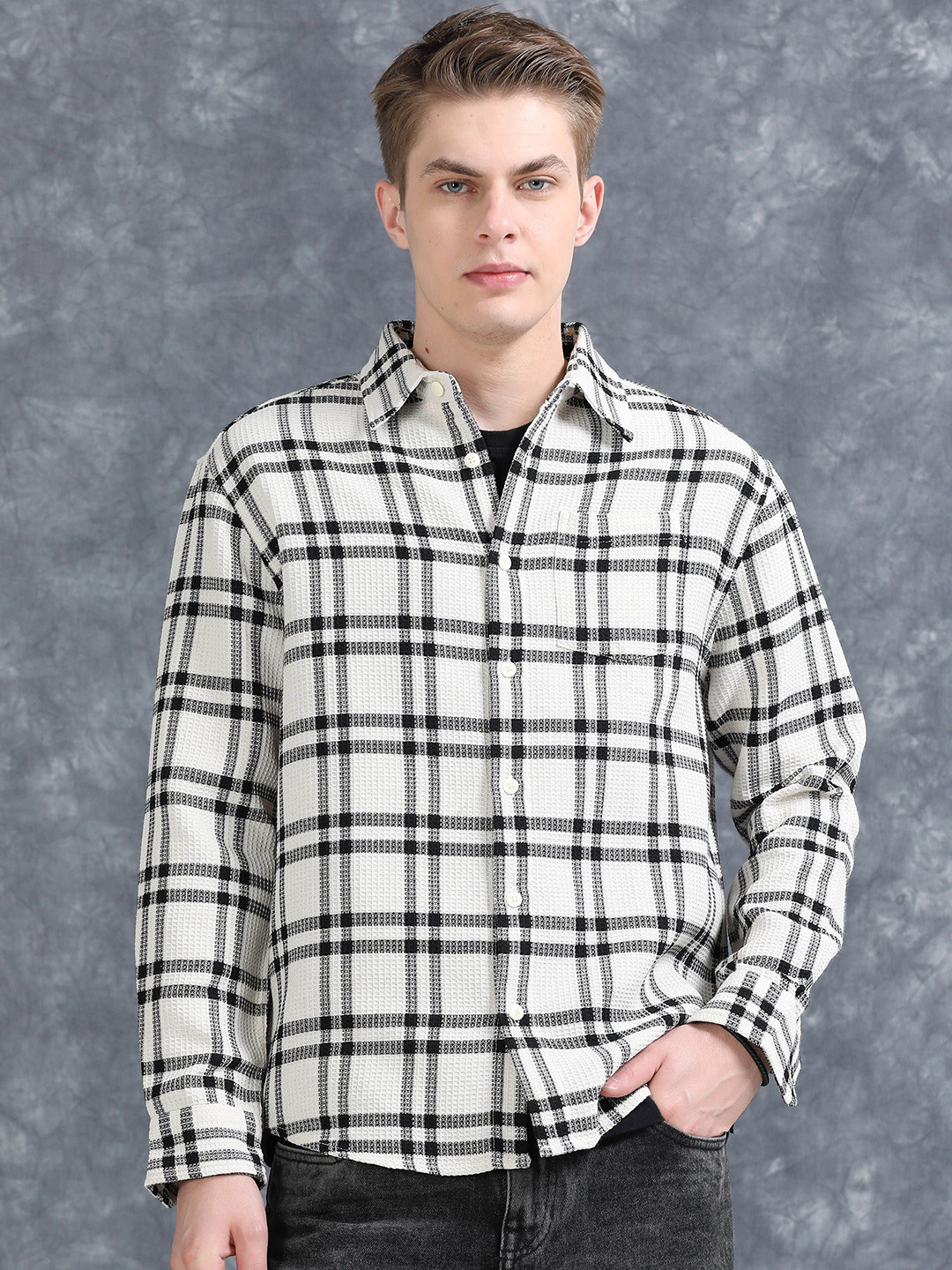 StitchX Men's Full Sleeve Waffled Checkered Spread Collar Casual Shirt