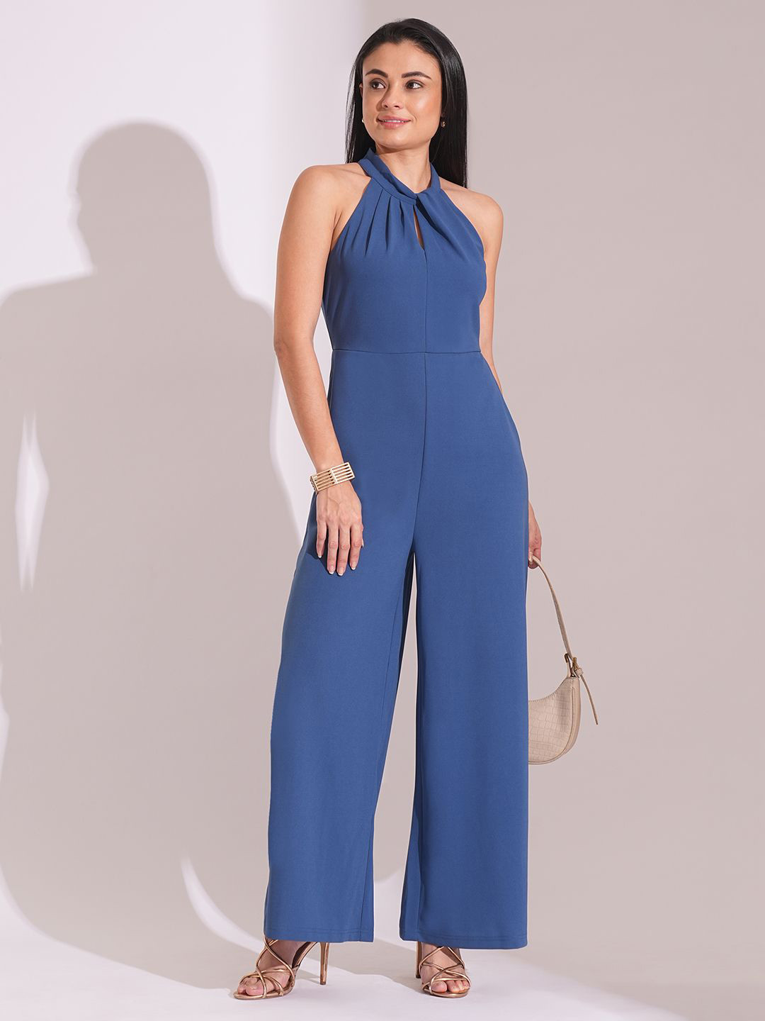 Globus Twisted Pleated Detail Keyhole Halter Neck Wide Leg Workwear Jumpsuit