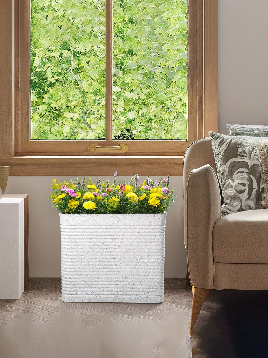 Kuber Industries Marble Elegant White Textured Roto Mould Flower Planters