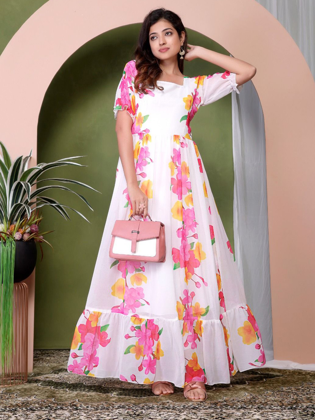 KD TEXFAB Women Floral Printed Bell Sleeves Maxi Fit and Flare Dress