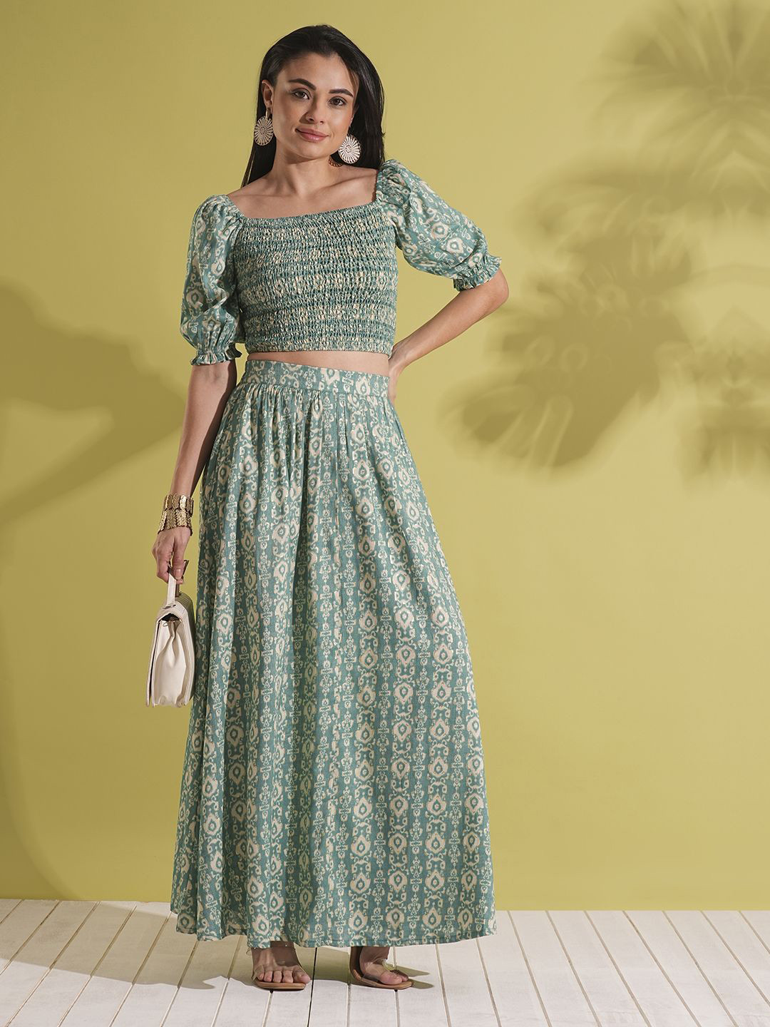 Globus Indie Print Square Neck Puff Sleeve Smocked Crop Top & Maxi Skirt Fusion Co-Ord Set
