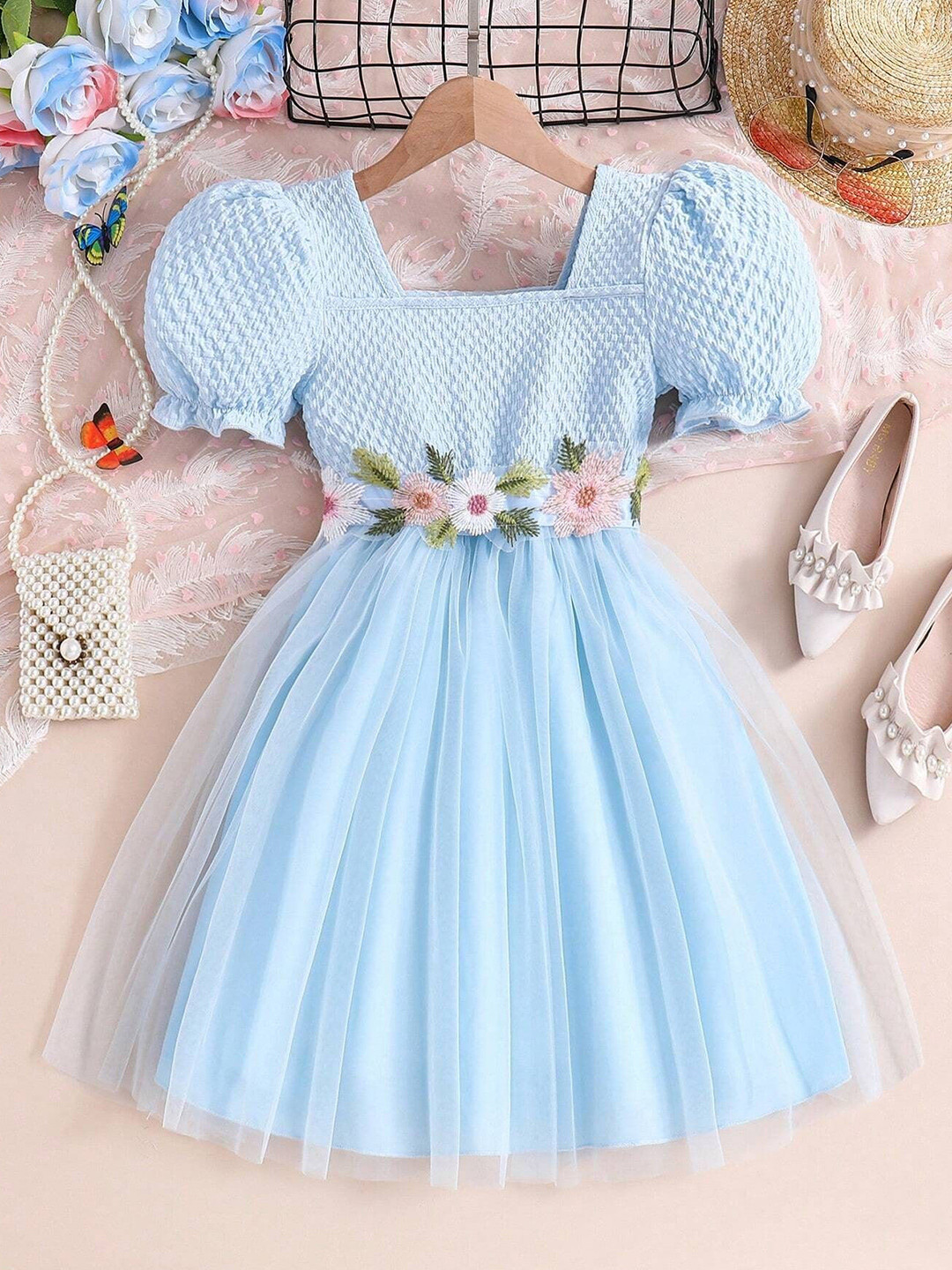 BAESD Girls Cotton Self Design Embroidered Square Neck Puff Sleeve Net Fit & Flare Dress