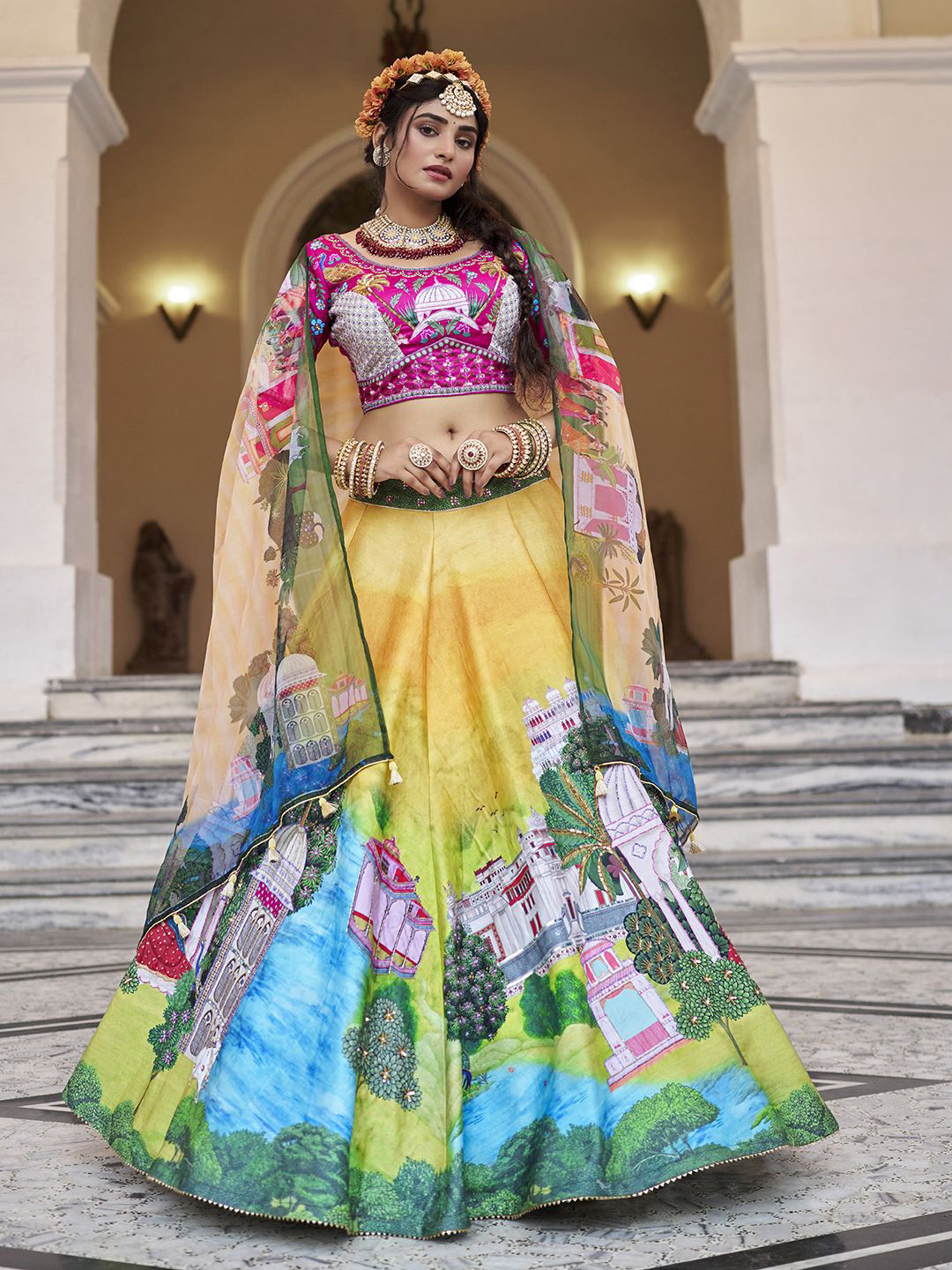 Fusionic Yellow Scenic Heritage Designs Printed Lehenga & Blouse with Dupatta