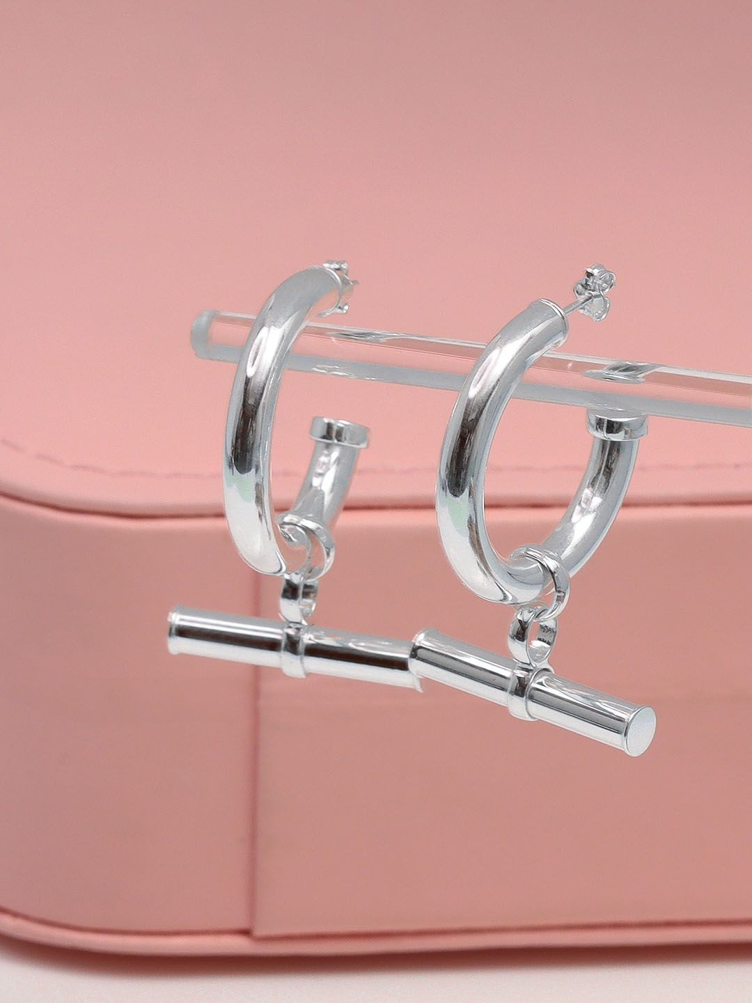 LeCalla 925 Sterling Silver-Plated T Bar Charm Half Hoop Earrings