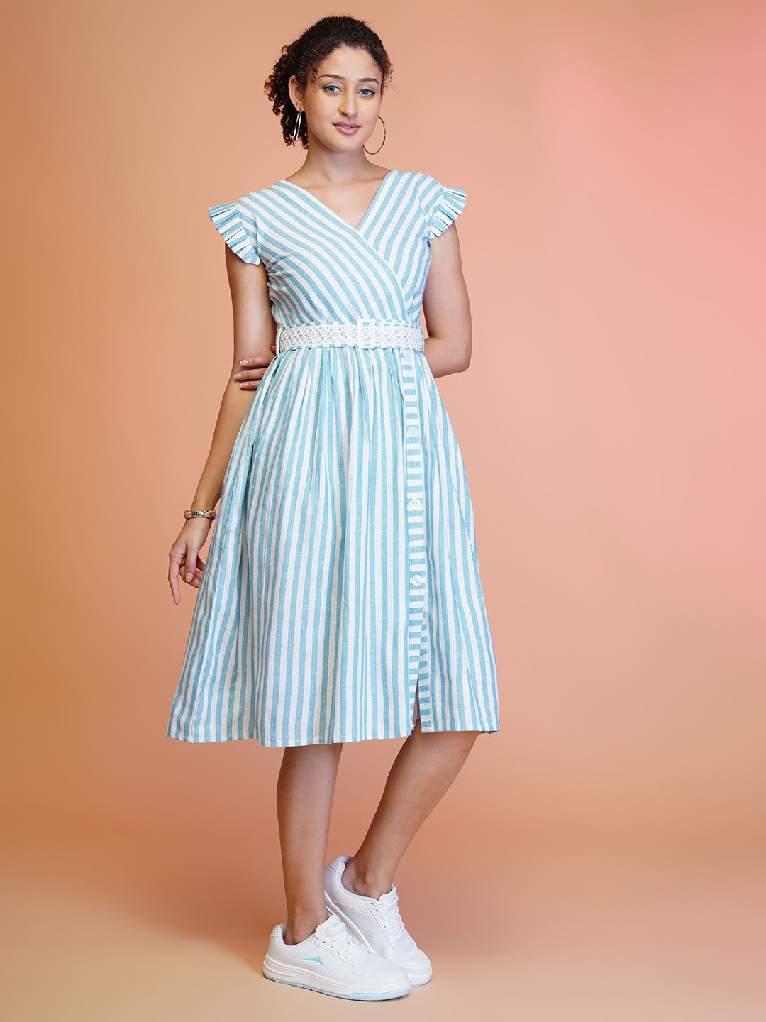 YANAMORA Women Striped Flutter Sleeve Fit & Flare Dress