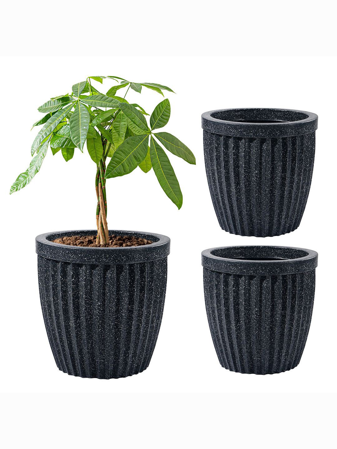 Kuber Industries Black 3 Pieces Textured Roto Mould Pihu Neo Flower Planters