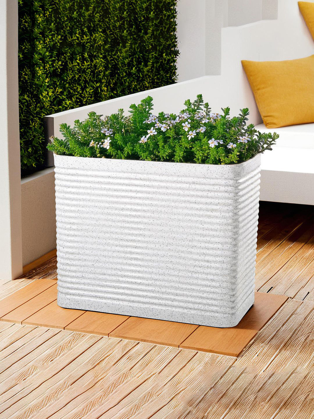 Kuber Industries Elegant White 2 Pieces Textured Roto Mould Flower Planters