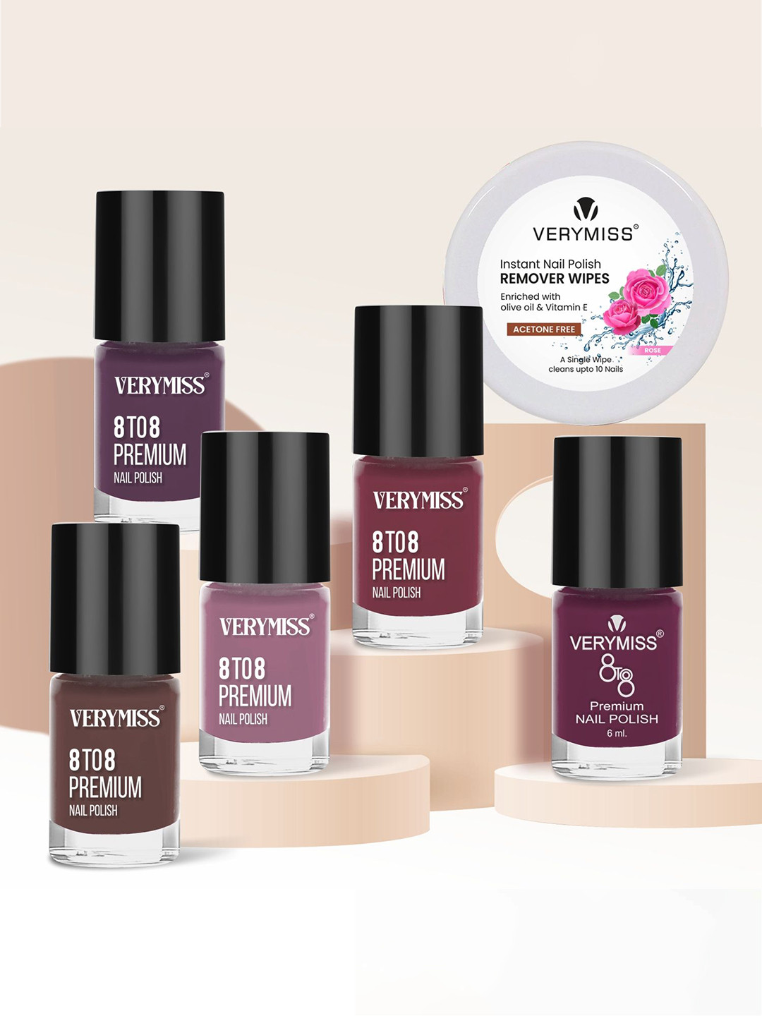 VERYMISS Set Of 5 Trending Nail Polish - 6 ml Each With Nail Polish Remover Wipes - 12