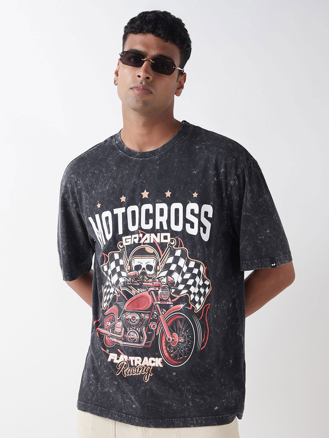 Bewakoof Men's Black Graphic Printed Oversized Acid Wash T-Shirt