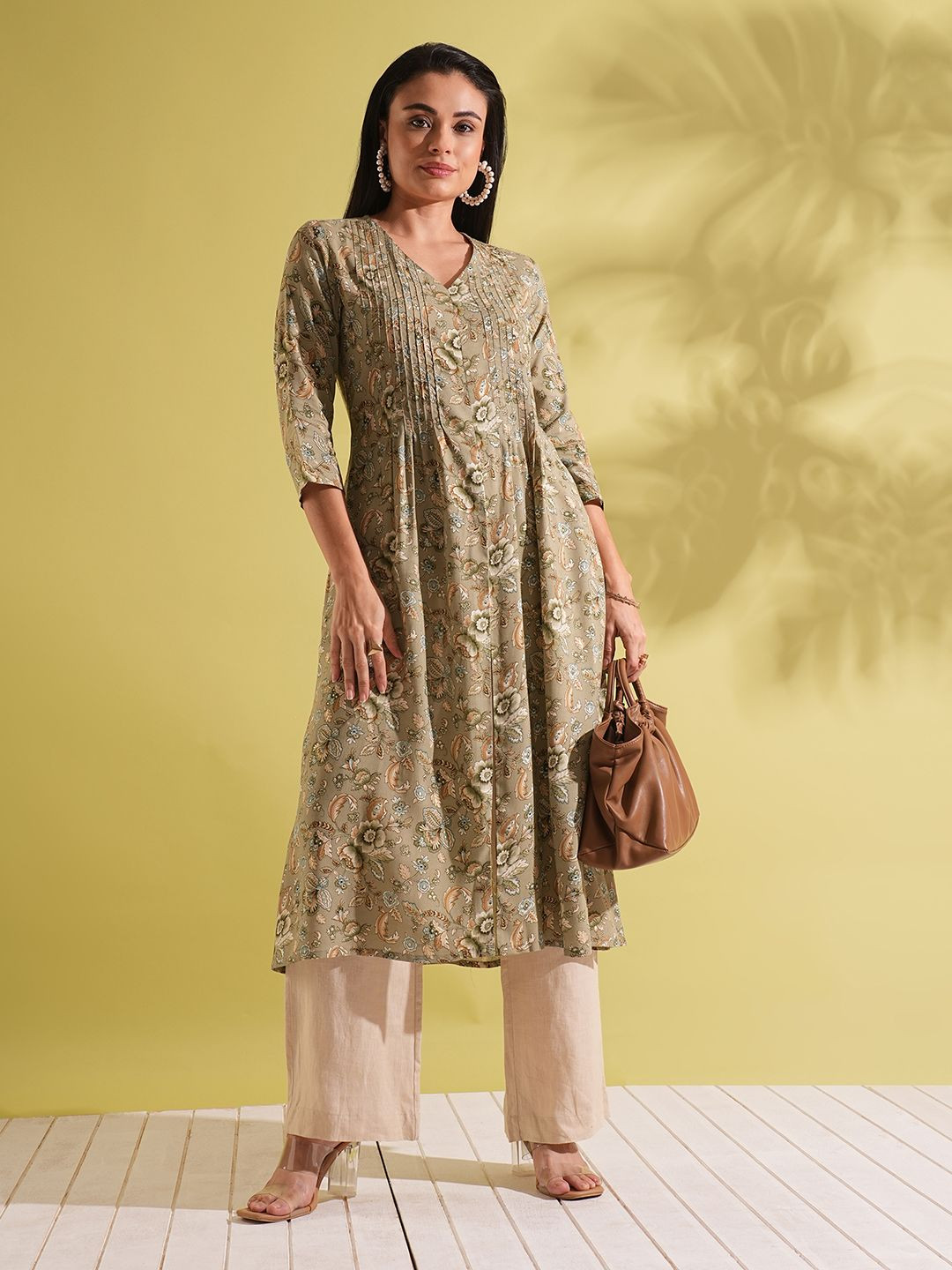 Globus V-Neck Allover Floral Print Front Slit Pleated A-Line Workwear Kurta