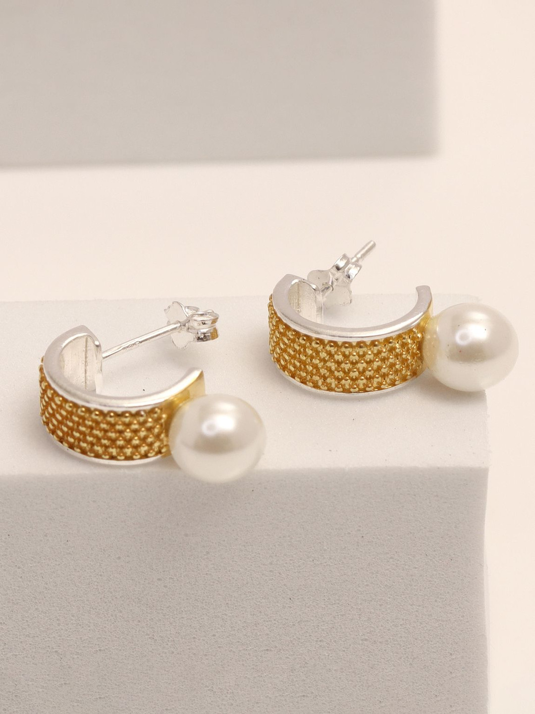 LeCalla 925 Sterling Silver-Plated Two-Tone Caviar Pearls Beaded C-Shaped Hoop Earrings
