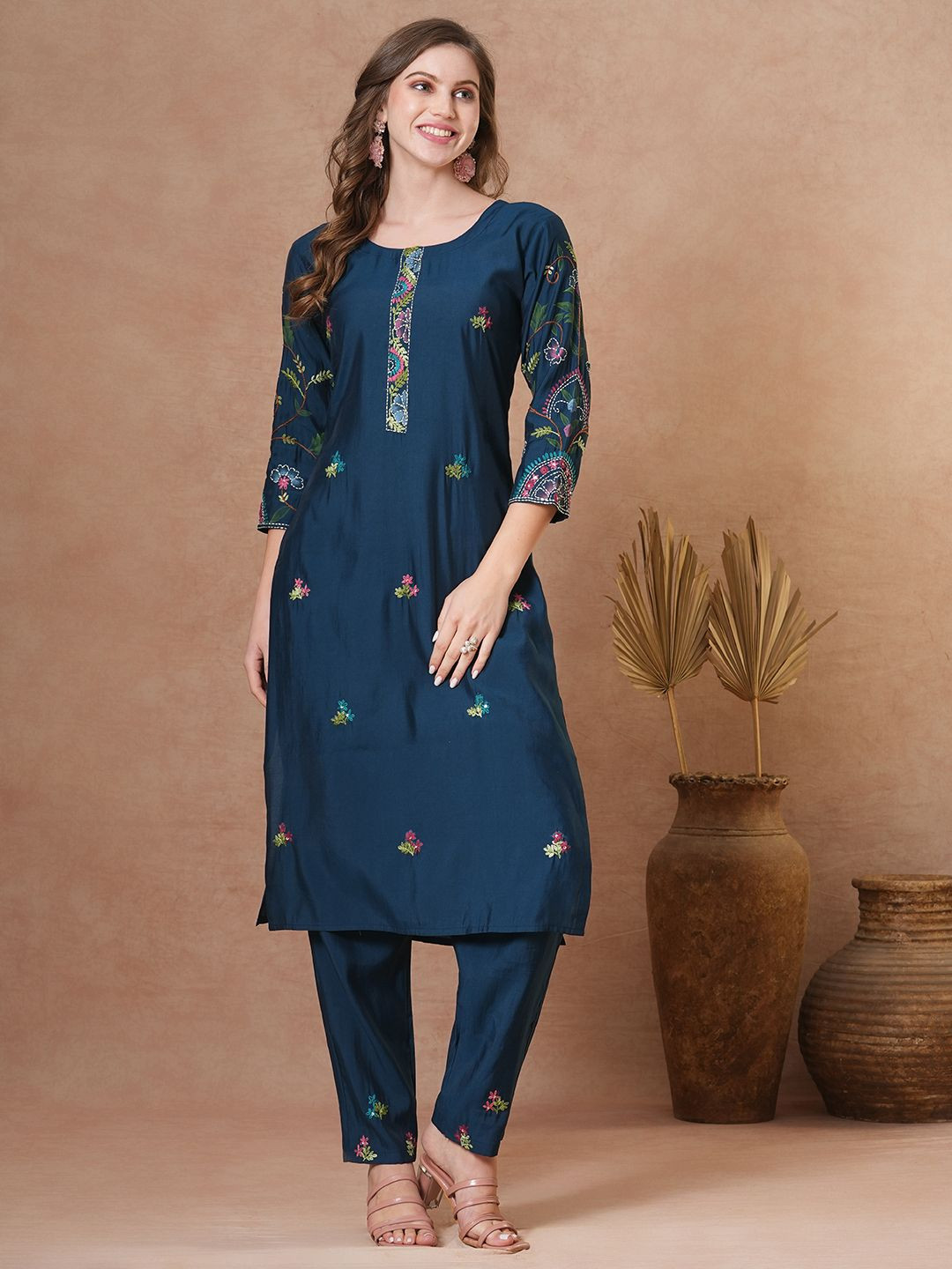FASHOR Floral Embroidered & Painted Round-Neck Straight Kurta With Trouser