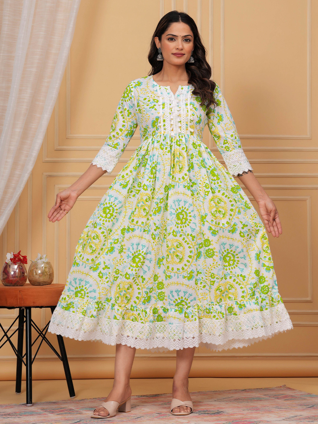 CRENOL THREADS Women Floral Printed Cotton Fit & Flare Midi Dress
