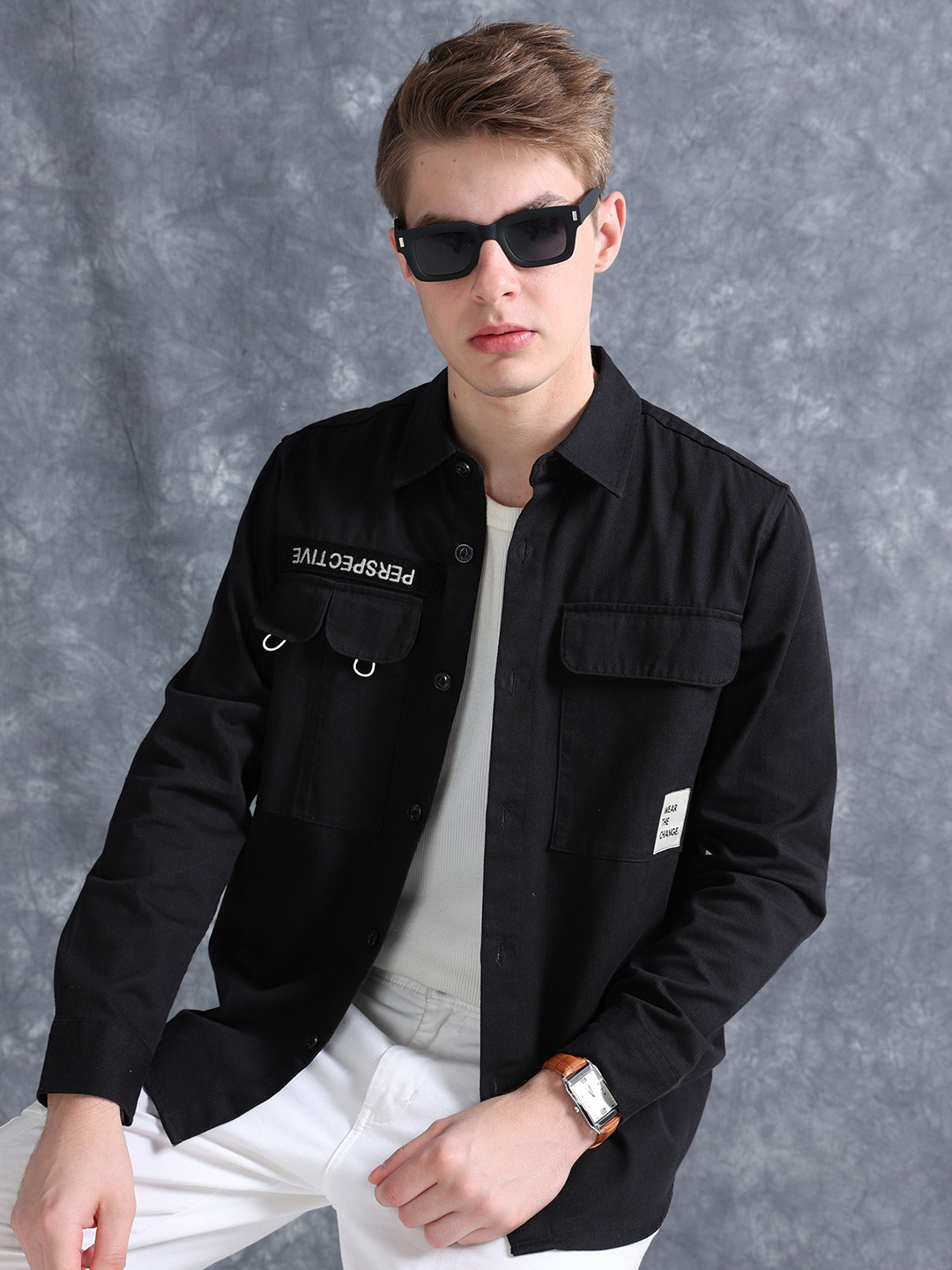 StitchX Men's Spread Collar Full Sleeve Double Pocket With Badge Shacket