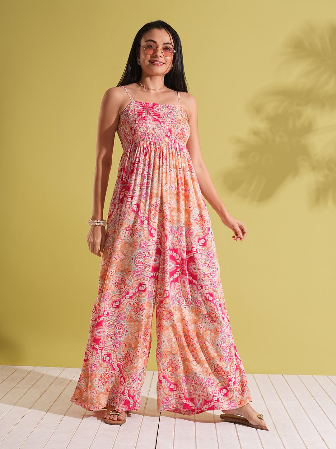 Globus Square Neck Adjustable Strappy Shoulder Smocked Floral Print Wide Leg Jumpsuit