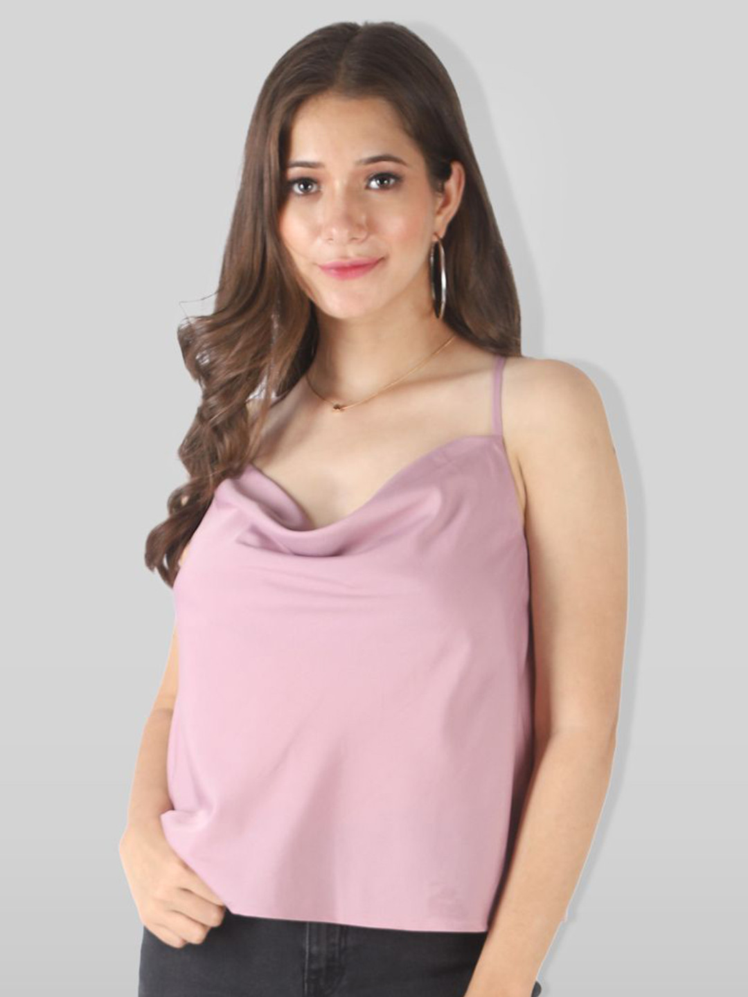 Fuchsia Solid Purple Cowl Neck Crop Sleeveless Top