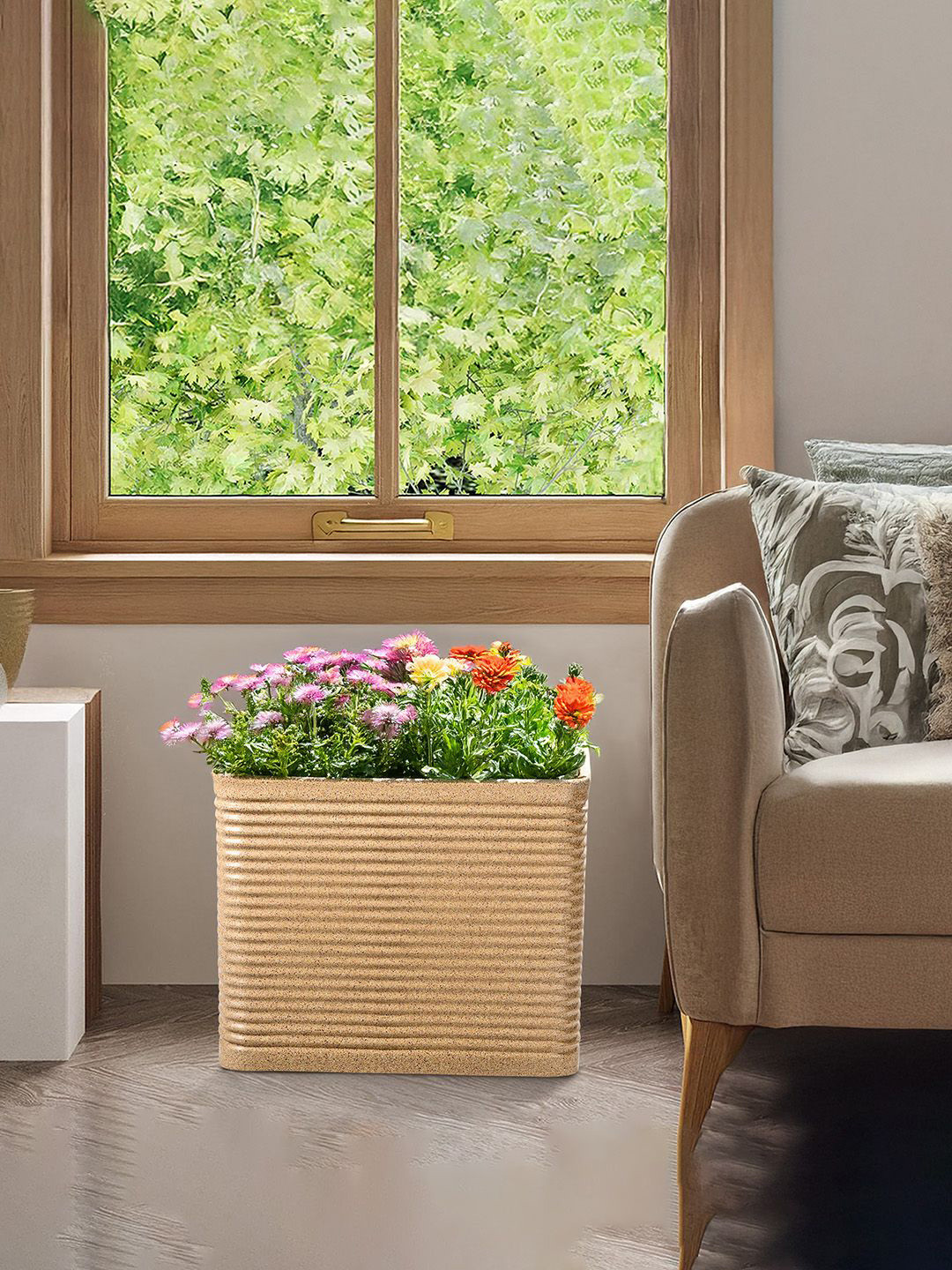 Kuber Industries Brown Textured Roto Mould Elegant Flower Planters