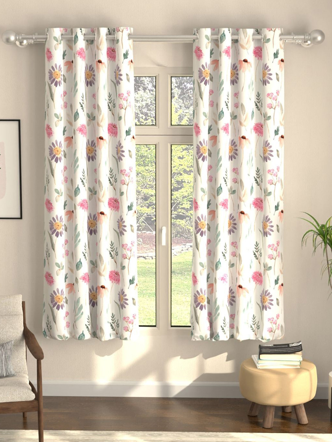 URBAN SPACE Pink Pack of 2 Floral Printed Digital Frost Flora Black Out Window Curtains