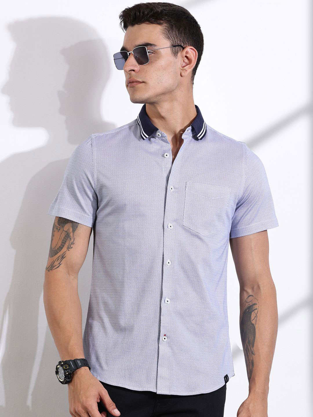 Thomas Scott Men Classic Slim Fit Spread Collar Micro Ditsy Printed Cotton Knitted Shirt
