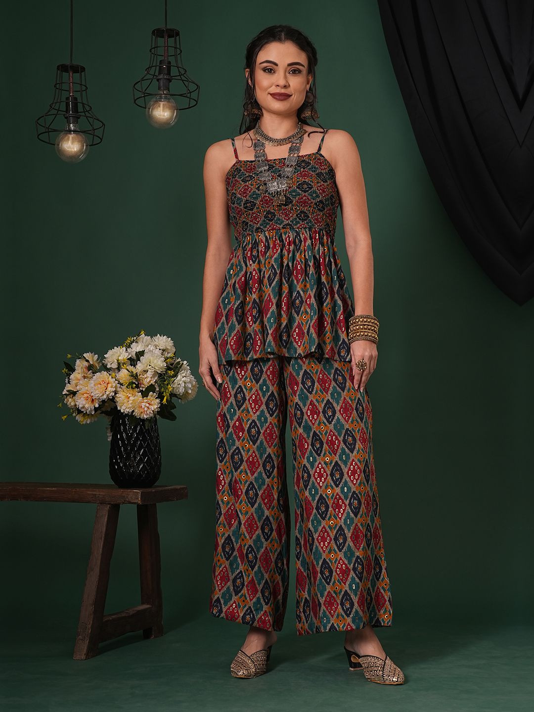 Globus Indie Print Strappy Shoulder Smocked Peplum Top & Palazzos Fusion Co-Ord Set