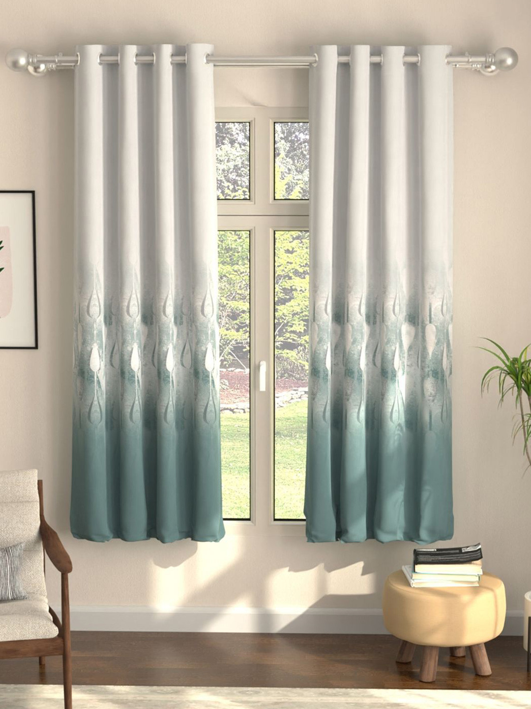 URBAN SPACE Sea Mist Turquoise Blue & White 2 Pcs Floral Printed Black Out Window Curtains