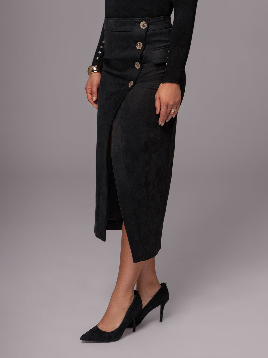 Bee Boe Bee Aurora Collection Asymmetry Suede Black Midi Skirt