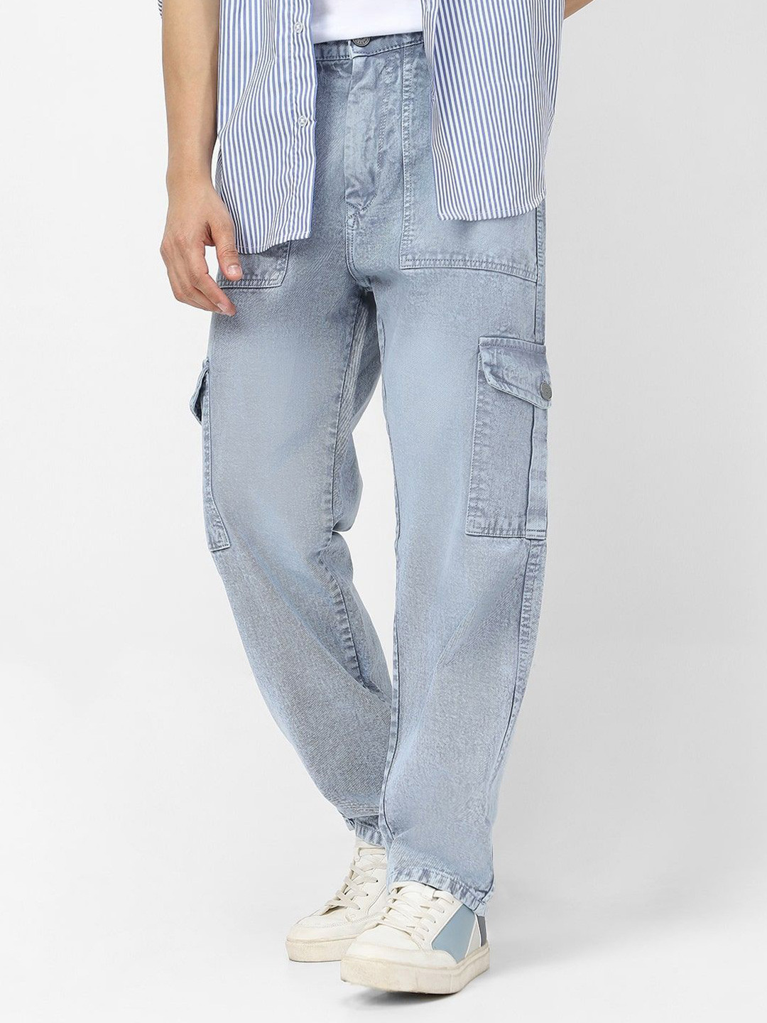 Urbano Fashion Men Light Grey Loose Fit Cargo Jeans With 6 Pockets Non-Stretchable