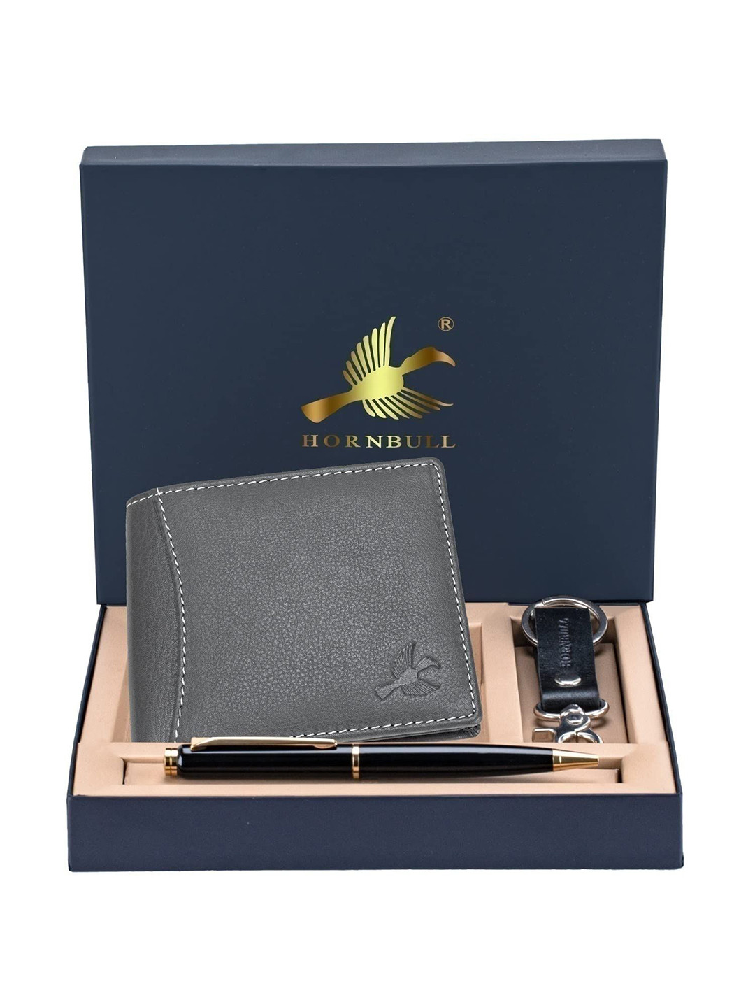 Hornbull Men Themes Grey Leather Wallet, Keyring & Pen Combo Accessory Gift Set