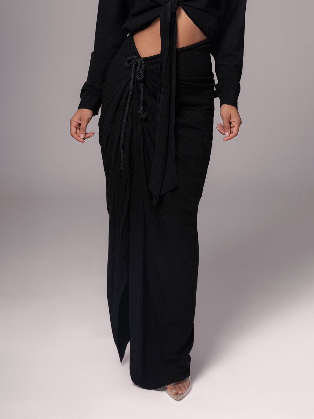 Bee Boe Bee Linen Drawstring Black Linen Maxi Skirt