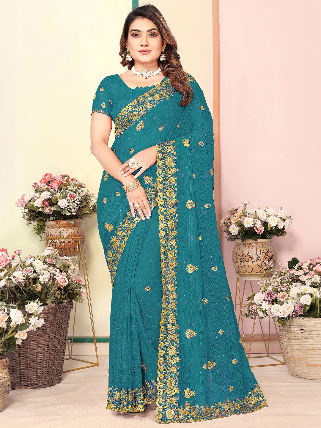 KHRITI FAB Floral Embroidered Heavy Work Saree