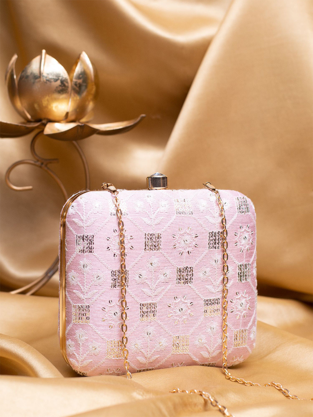 ARTKLIM Threadwork Embroidered Box Clutch with Sling Chain