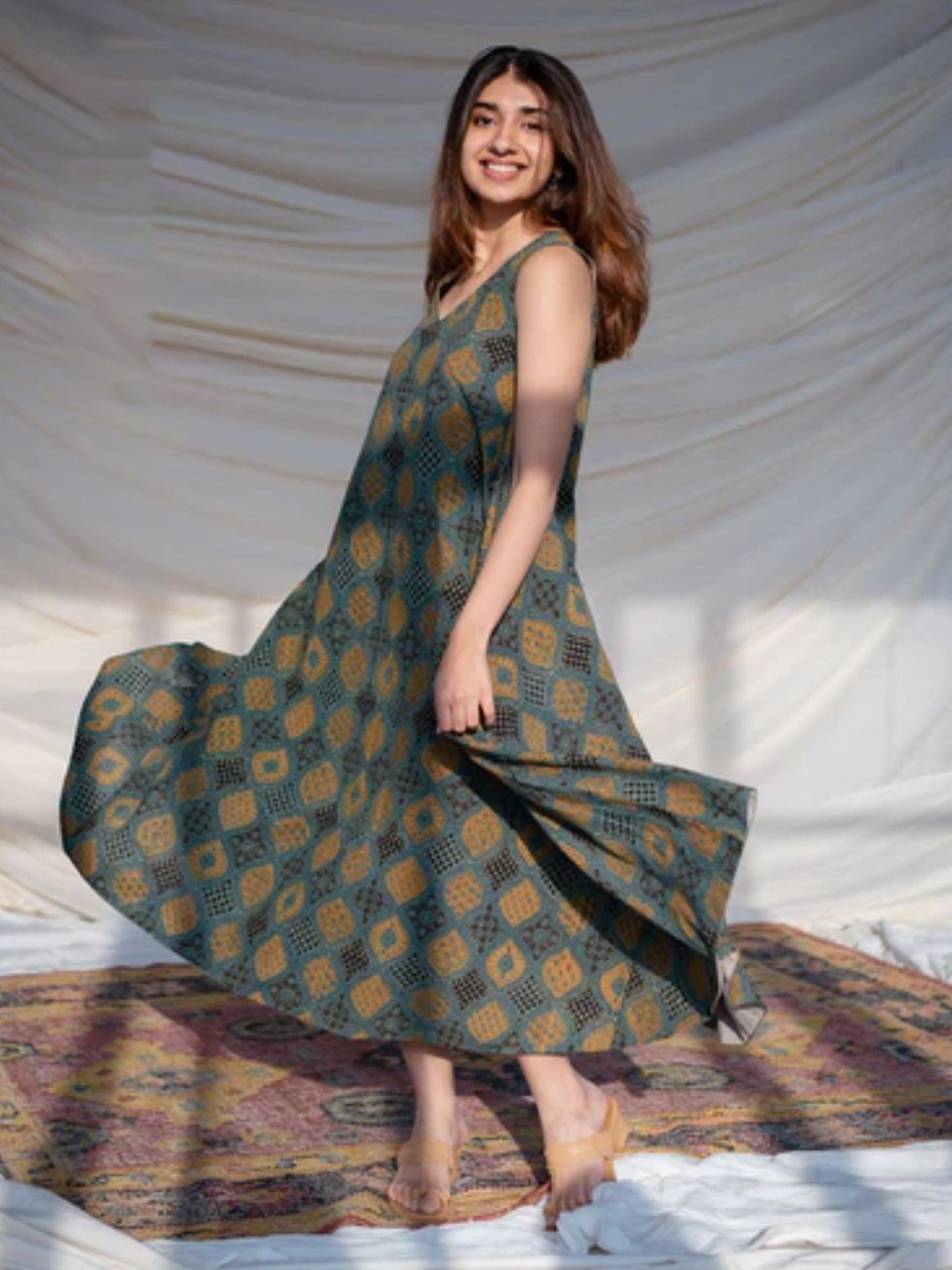 THE INDIAN ETHNIC CO Green A-Line Ajrakh Cotton Dress