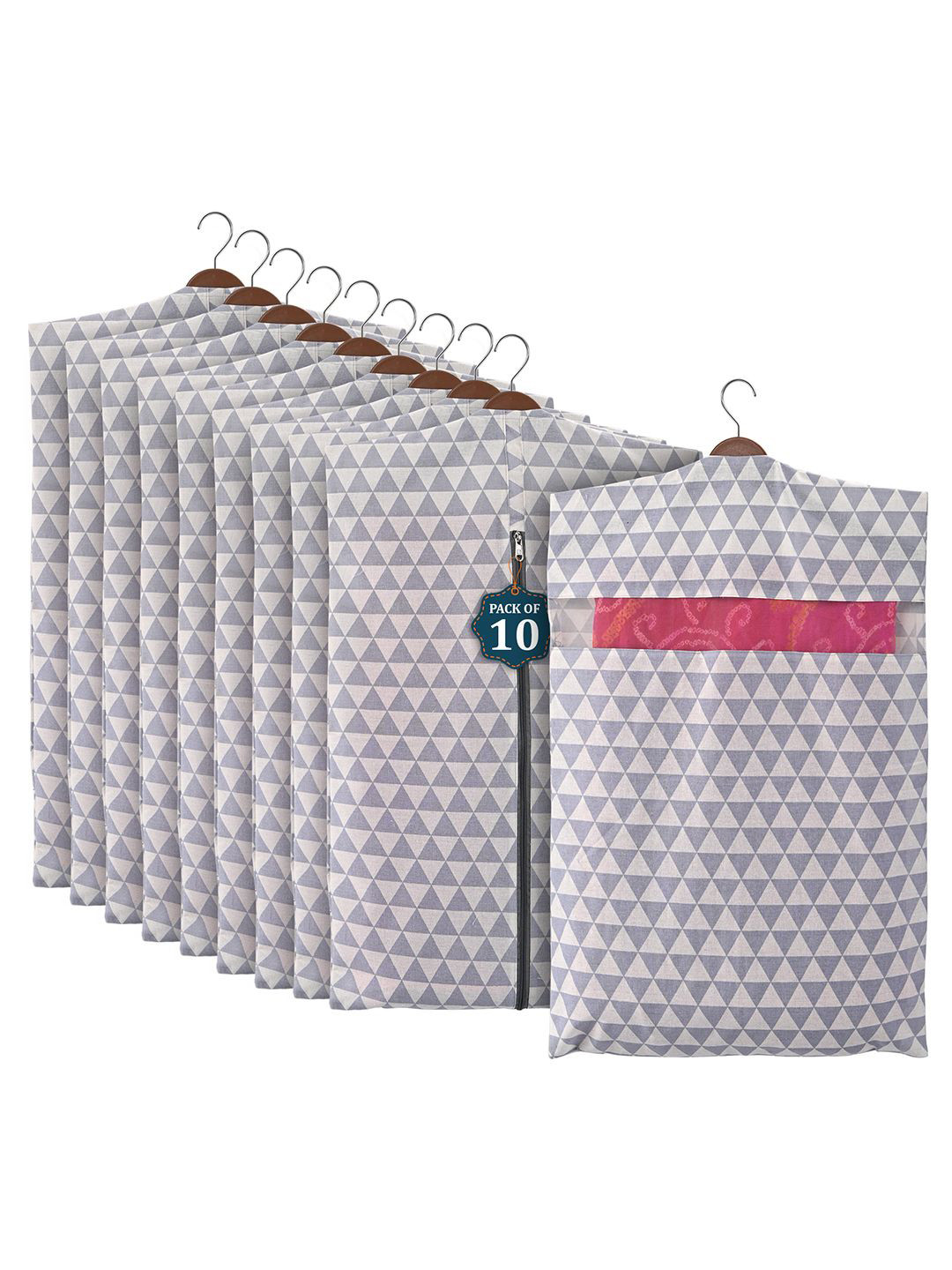 Kuber Industries Grey 10 Pcs Mesh Cotton Hanging Saree Cover Storage Organisers