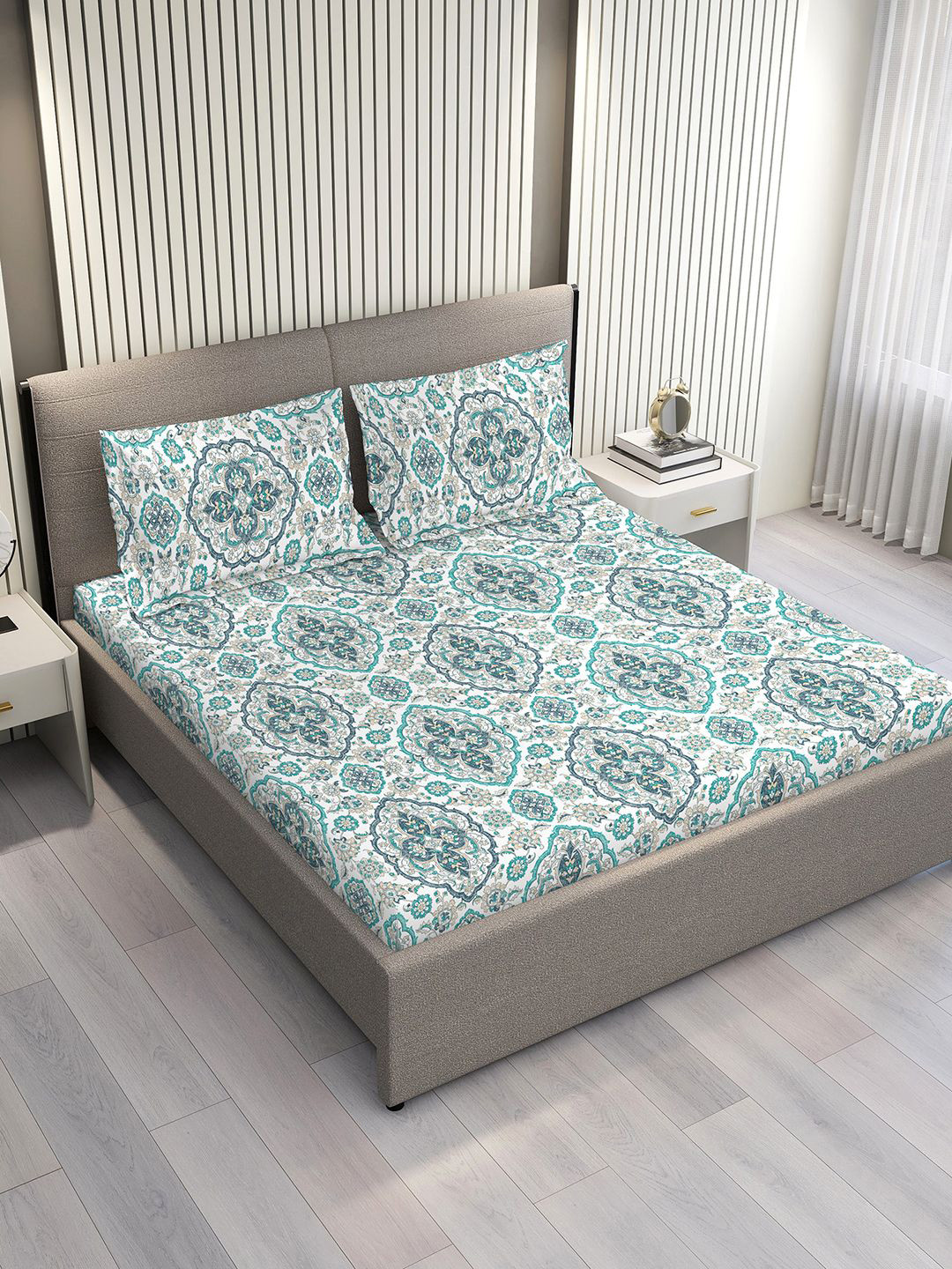 Layers Glory 100% Cotton 144 TC Blue Ethinc Print Double Bedsheet Set 2.54 m x 2.23 m