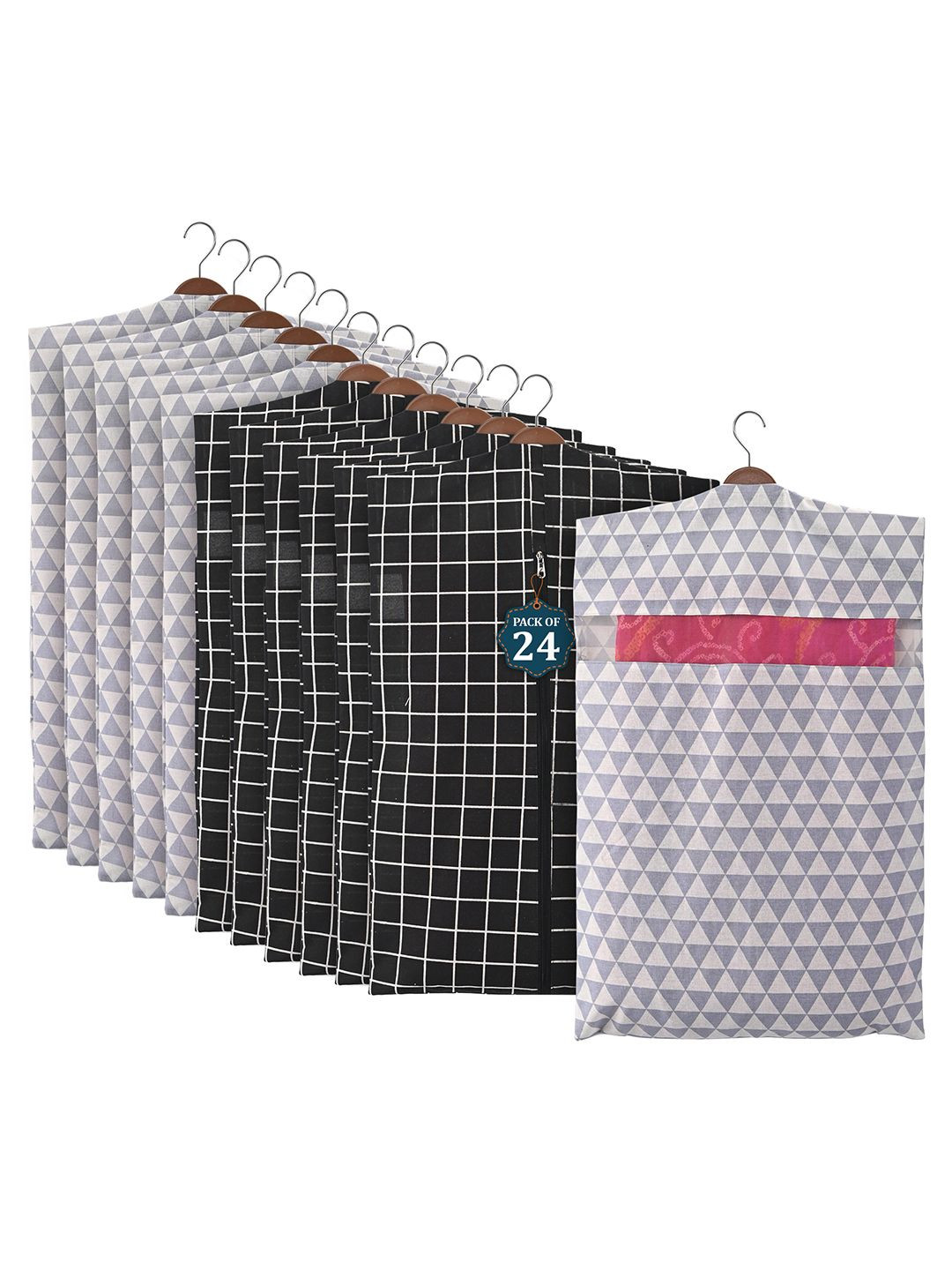 Kuber Industries Black 24 Pieces Cotton Hanging Saree Cover Multi utility Organisers