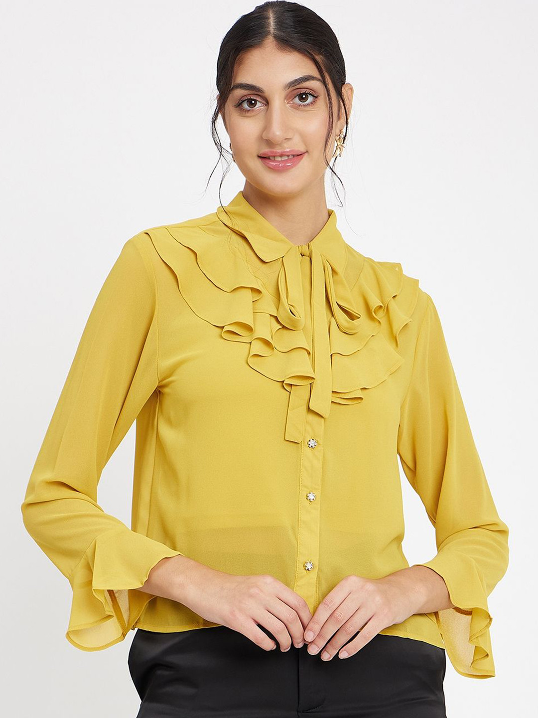 Madame Tie-Up Neck Bell Sleeve Shirt Style Top
