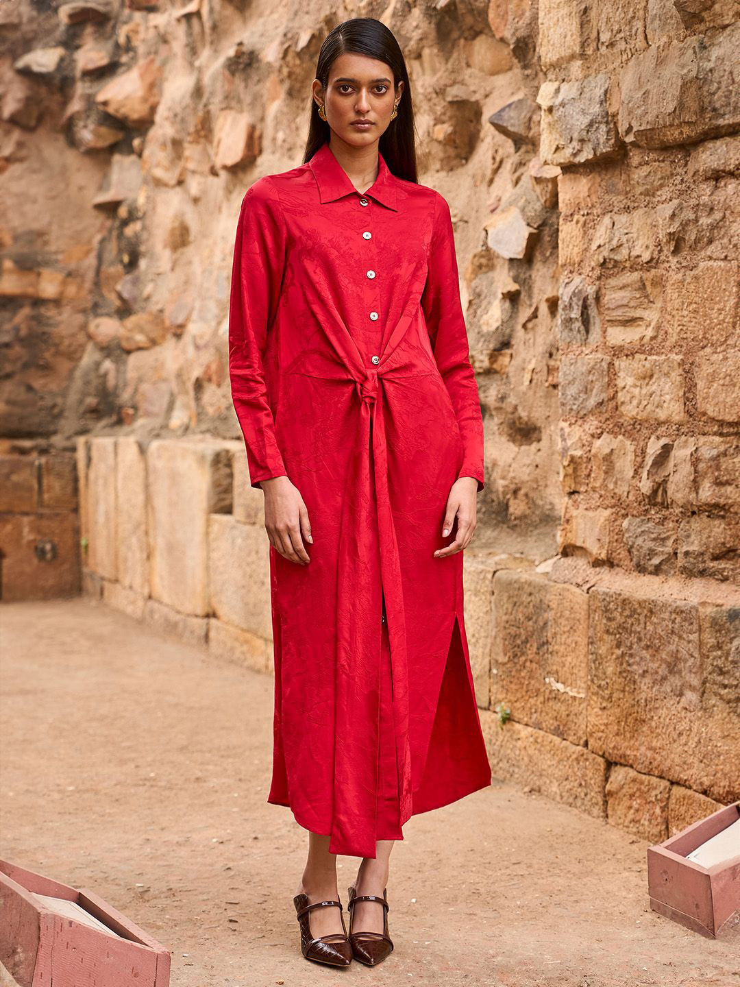 Dash and Dot Women Midi Red Jacquard Shirt Dress