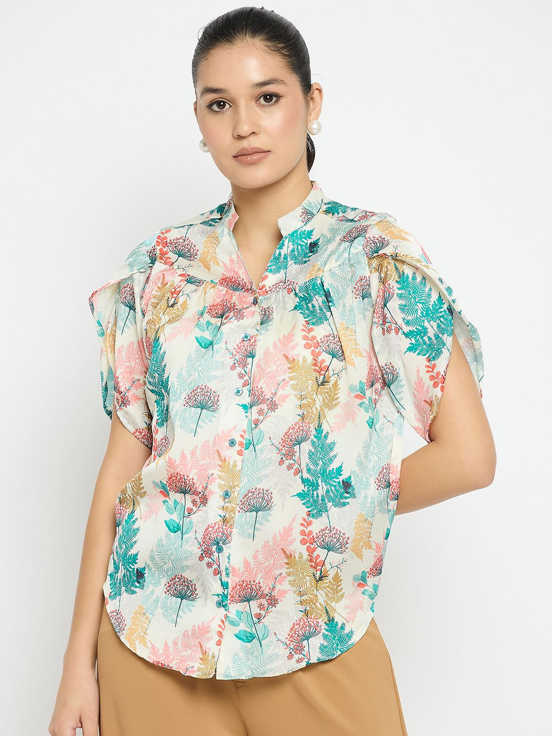 Novio Floral Print Mandarin Collar Flutter Sleeve Shirt Style Top