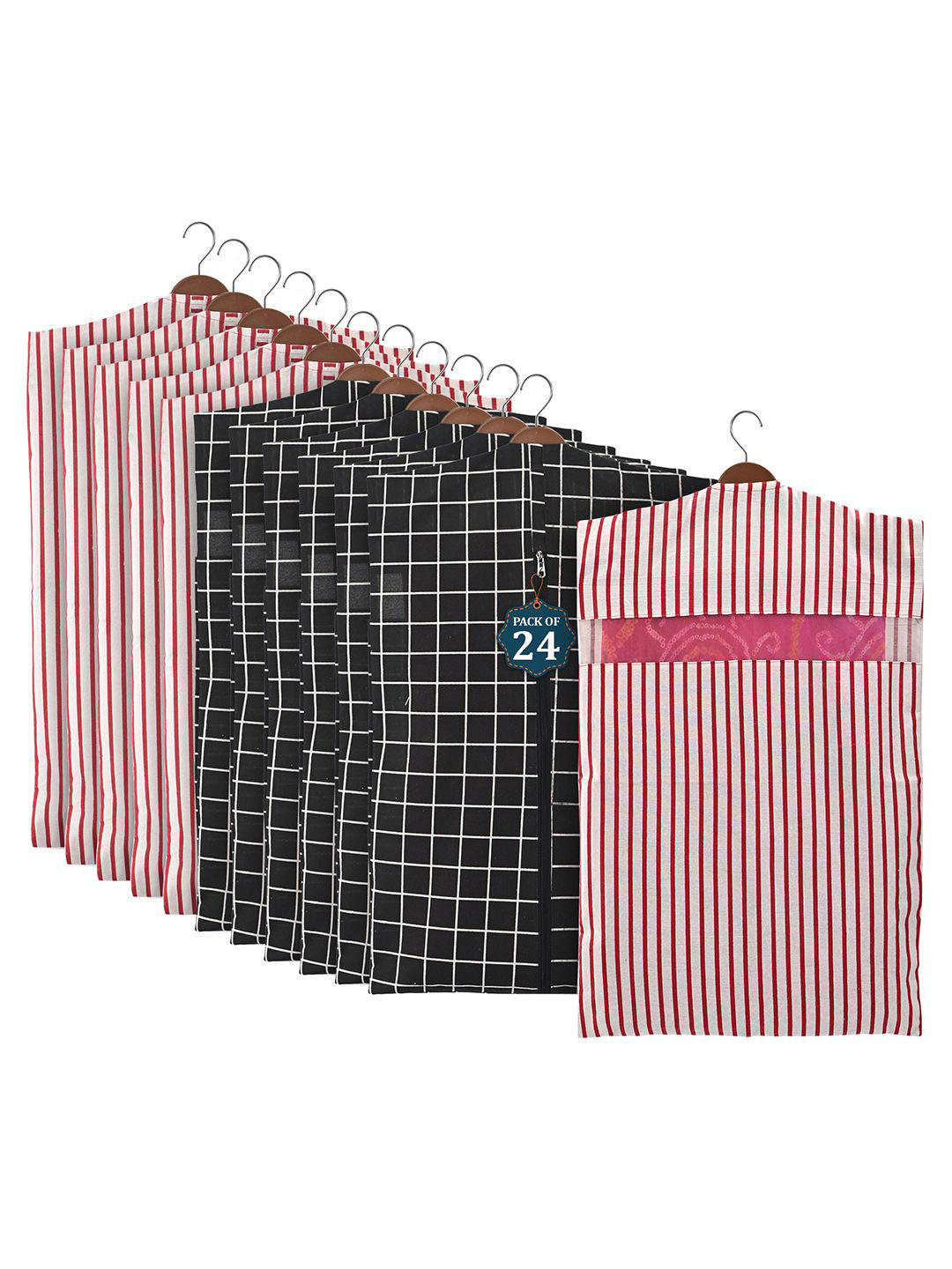 Kuber Industries Black 24 Pieces Cotton Hanging Saree Cover Multi Utility Organisers