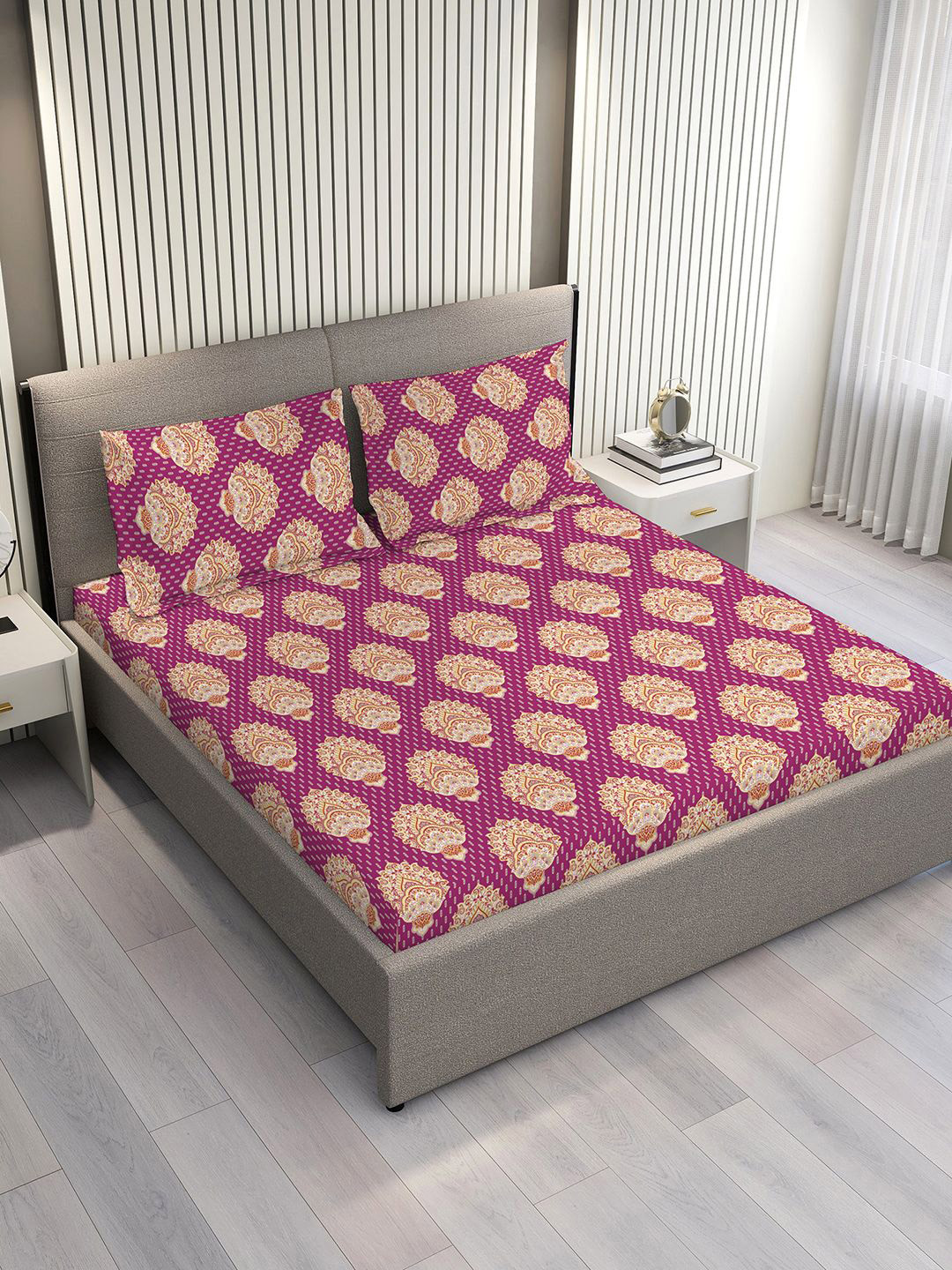 Layers Glory Purple Printed Pure Cotton 144 TC Queen Bedsheet Set 2.54 m x 2.23 m