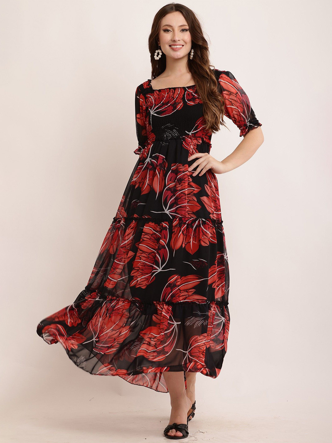 Bright Nex Floral Printed Puff Sleeve Smocked Georgette Maxi Dress