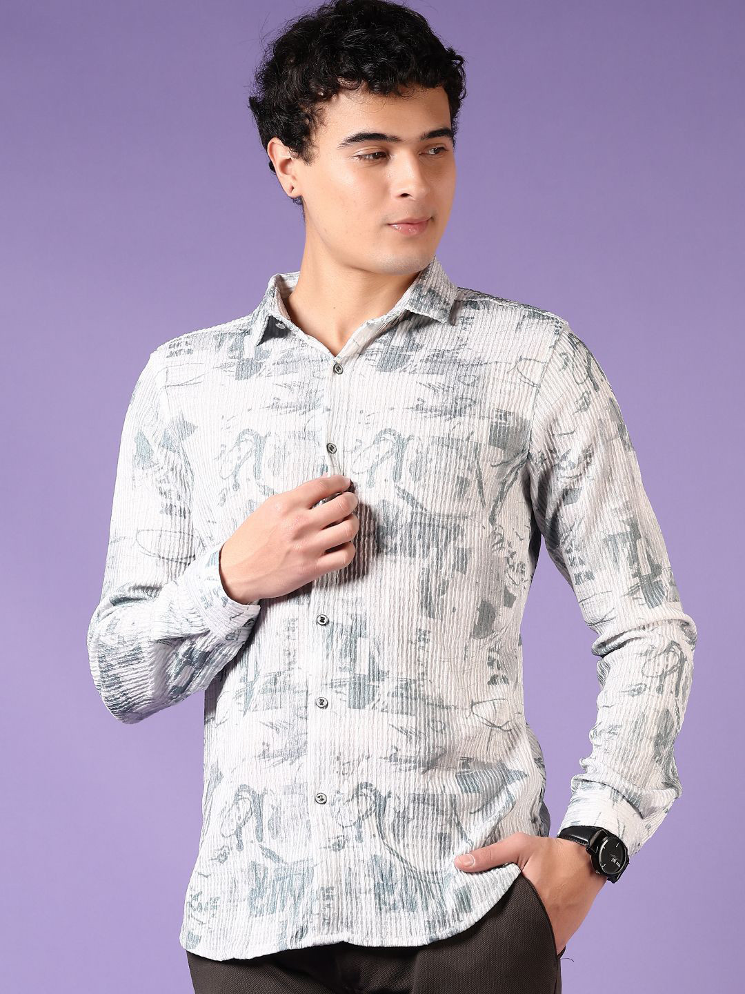 V-Mart Men Plus Size Spread Collar Abstract Printed Cotton Casual Shirt