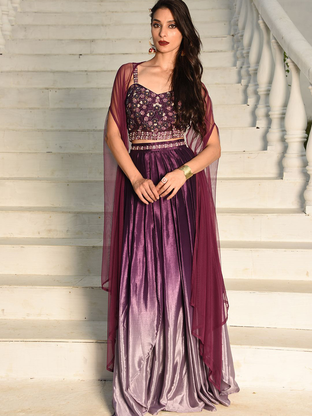 Laalzari Embroidered Ombre Crop Top And Skirt With Shrug