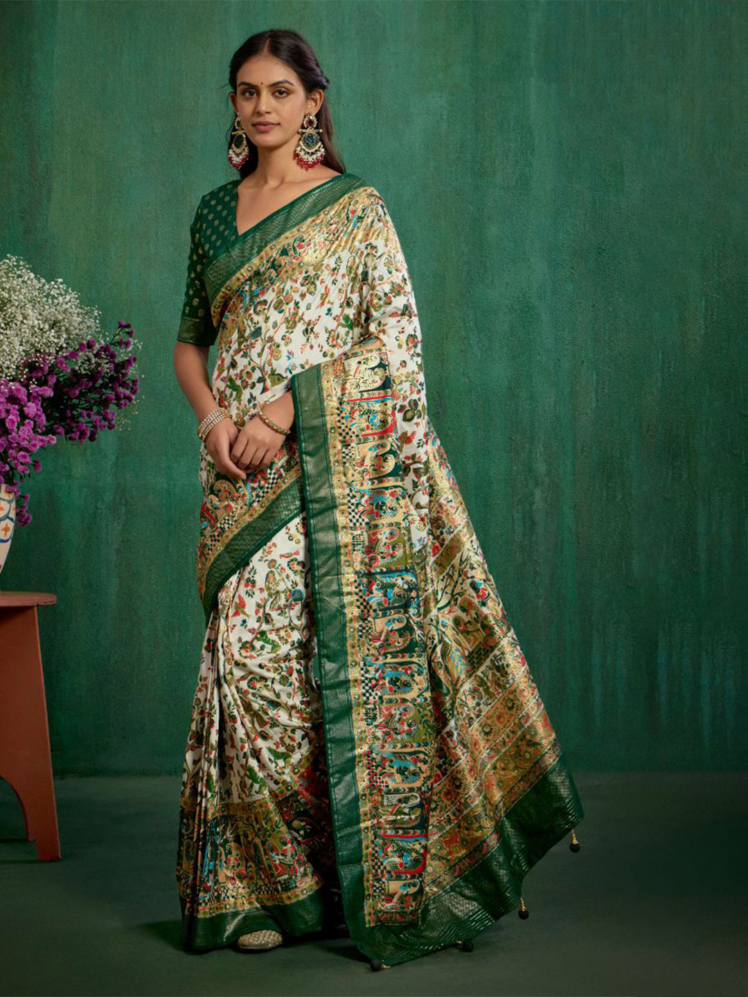 Sangria Off White Tussar Silk Ethnic Motif Ready to Wear Saree