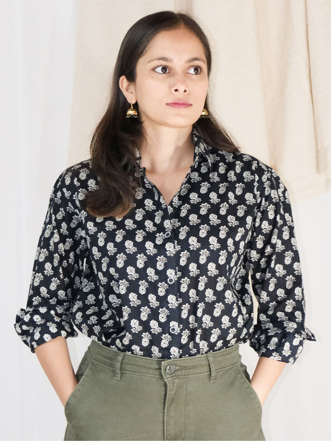 Ruha Women Floral Printed Cotton Shirt Style Longline Top